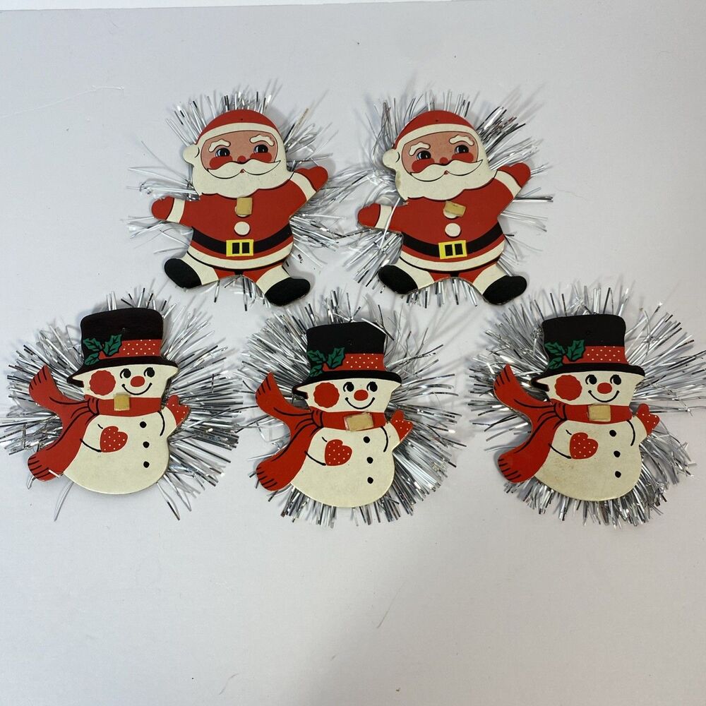 Vintage Santa Snowman Christmas Ornaments Silver Tinsel Cardboard Set of 5 MCM